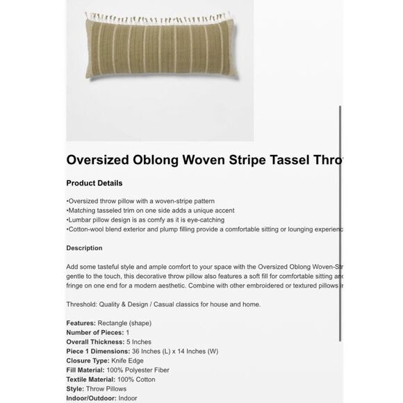 Threshold 14x34” Oversized Oblong Ticking Striped Tassel Lumbar Pillow - Picture 3 of 5